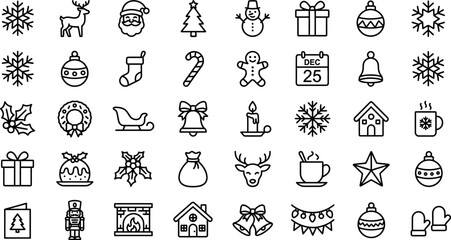 Christmas festive line icon set featuring traditional winter holiday elements and decorations christmas decoration celebration snowflake reindeer © RA