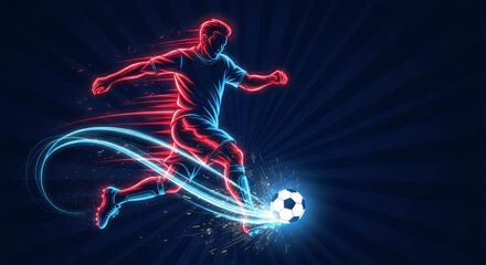 Obraz premium Soccer player kicking ball with neon effect