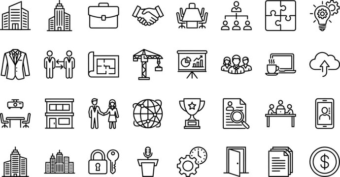 Business and finance icon set with offices handshake gears growth charts business building handshake partnership agreement collaboration strategy
