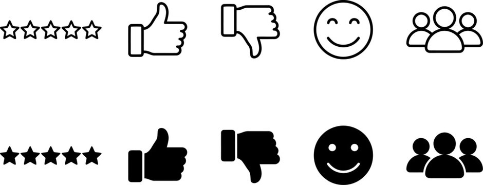 Customer feedback and satisfaction icons with stars thumbs up thumbs down smiley faces thumbs up feedback satisfaction thumbs up community customer