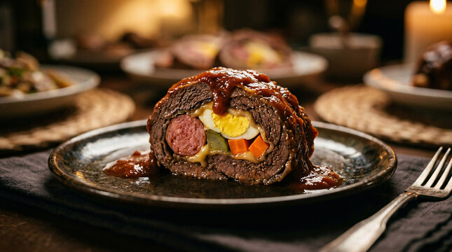 Close-up plated slice of Filipino embutido stuffed meatloaf with egg, sausage, vegetables, and glossy tomato sauce