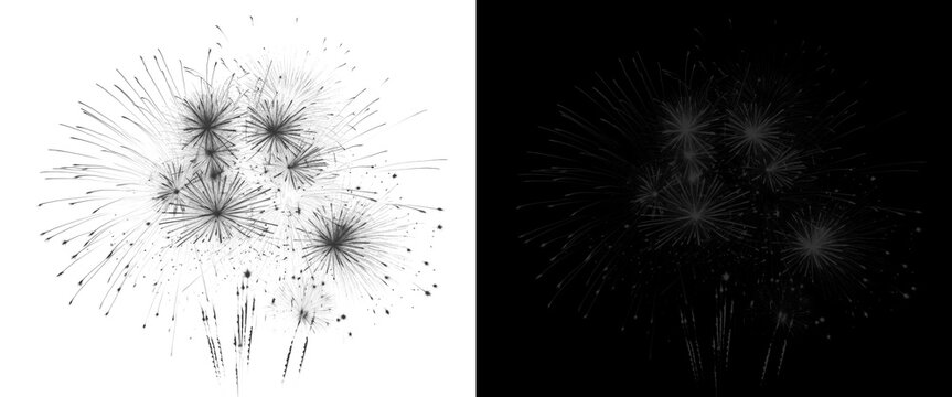 Black fireworks burst on white background, dark firework explosion alpha channel, monochrome pyrotechnic display for design overlays