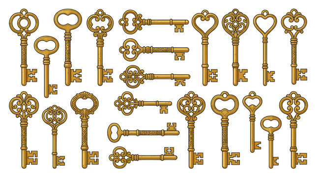 Antique golden skeleton keys with ornate decorative handles