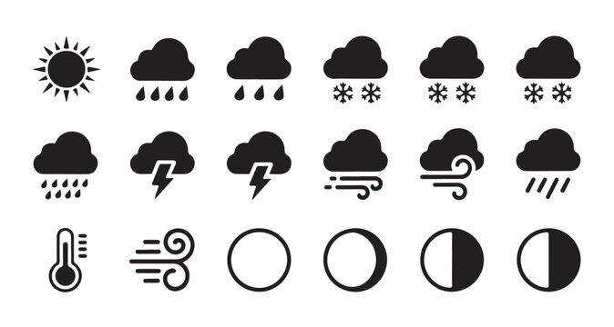 Atmospheric condition vector icons with lunar phases wind patterns and various cloud types.