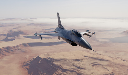 Military Fighter Jet Flying Over Desert Canyon Landscape With Missiles — 3D Rendering © edb3_16