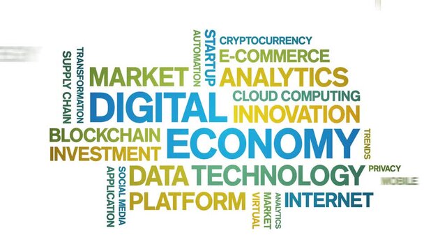 Digital Economy animated word cloud-text design animation tag kinetic typography seamless loop.
