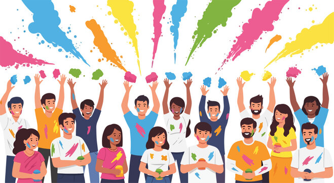 A diverse group of people throwing colorful paint