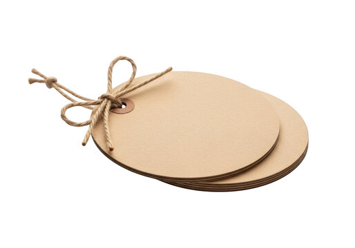 Round brown paper tags with jute twine isolated on transparent background for retail branding display