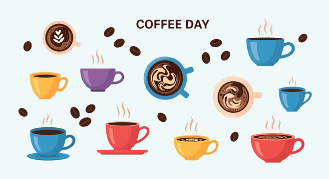 Colorful coffee cups and beans on light blue