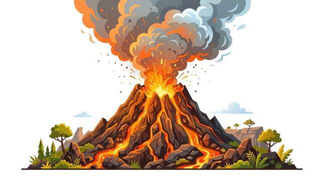 Active volcano erupting with smoke and flowing lava