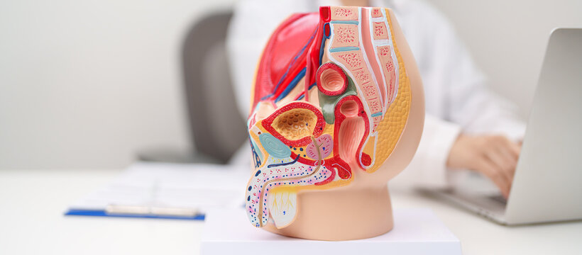 Doctor with Male Reproductive System anatomy model. Male consultation, Prostate Cancer, Enlarged prostate, Prostatitis disease, Male Infertility, Erectile dysfunction, Penis and Male genital disorder