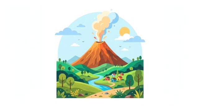 Erupting volcano in valley with village.