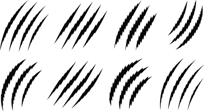 Eight black claw marks collection vector graphics for horror wildlife and damage effects