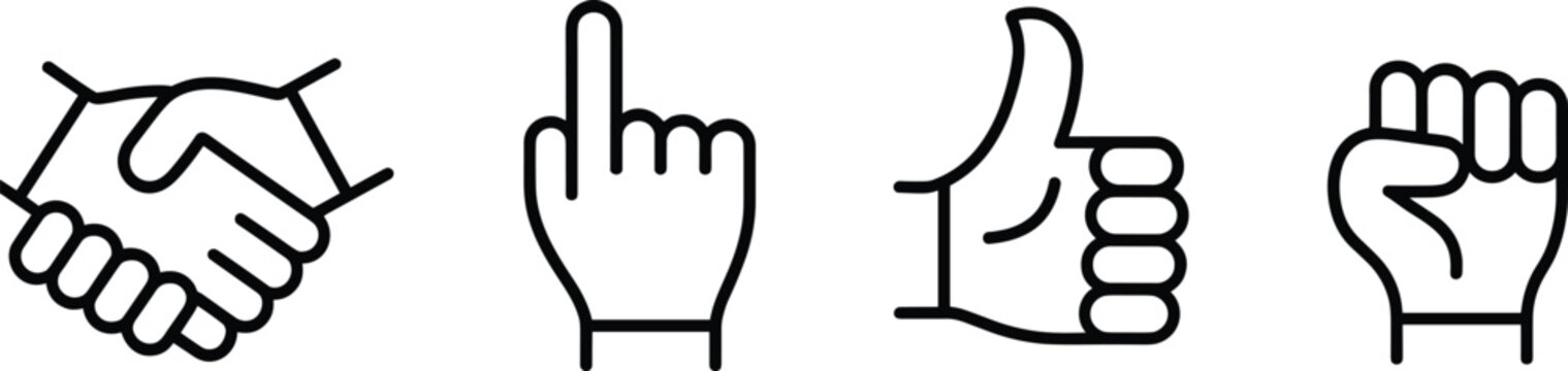 Hand gestures icon set handshake pointing thumbs up and fist linear style