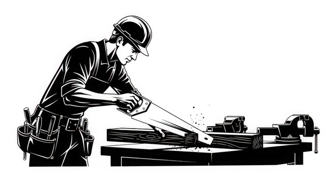 Black and white illustration of a carpenter cutting wood with a circular saw isolated on transparent background