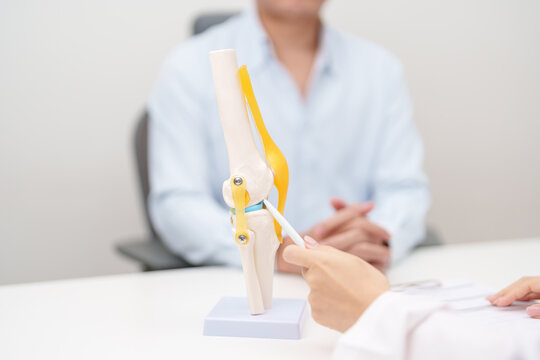 Doctor with Human Knee joint anatomy model. Osteoarthritis, Patellofemoral Pain Syndrome, Patellar Tendinitis, ACL, Anterior Cruciate Ligament, PCL, Posterior, MCL, Medial Collateral, LCL and Lateral