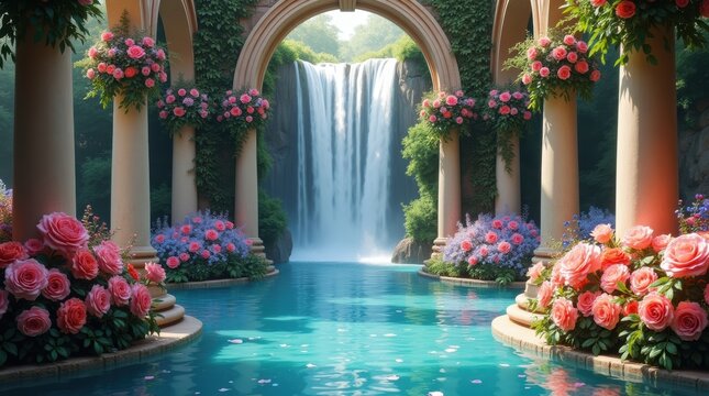 Beautiful waterfall in a stone garden with colorful flowers and classic columns