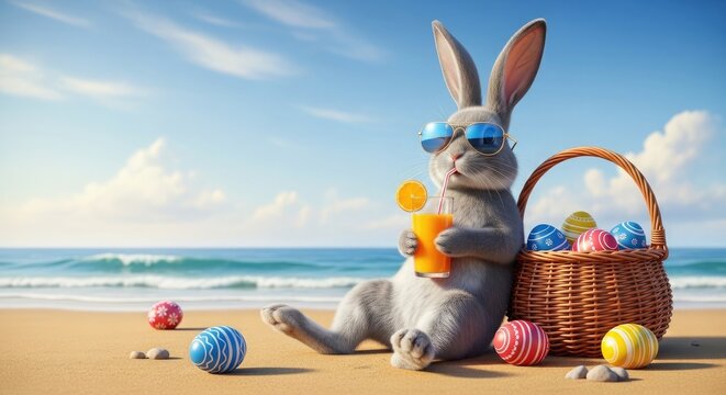 Relaxing bunny enjoying summer drinks on the beach with easter eggs digital illustration