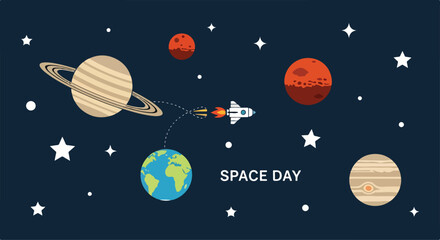A colorful infographic of planets, stars, and a rocket © Delina