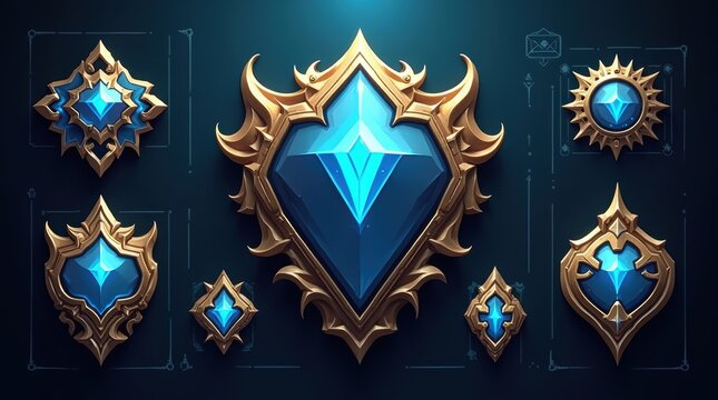 Set of fantasy game shields and magic badges with blue gems and golden metal trim