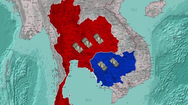 Military tanks advancing across a geopolitical map of Southeast Asia in motion footage