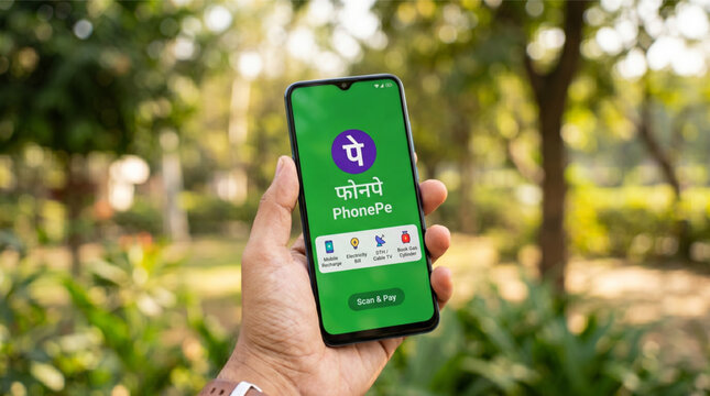 Close-up of a hand holding a smartphone with PhonePe digital payment application on the screen showing mobile recharge and scan and pay options. Blurred green park in the background. Fintech.