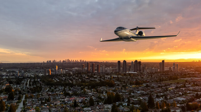 Private Business Jet Flying Over City Skyline At Sunset With Background in BC, Canada