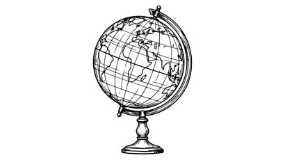 Fototapeta premium Vintage globe vector illustration with hand drawn sketch style world map grid sphere on stand isolated on white background for travel education navigation concept