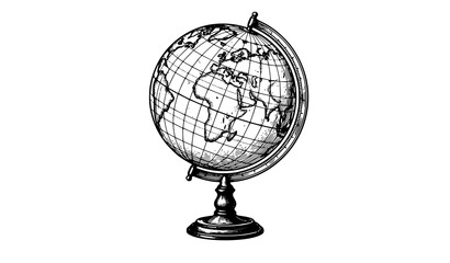 Vintage hand drawn sketch vector illustration of a classic desk globe map showing continents on a decorative metal stand isolated on white background. © MdIbrahimIslam