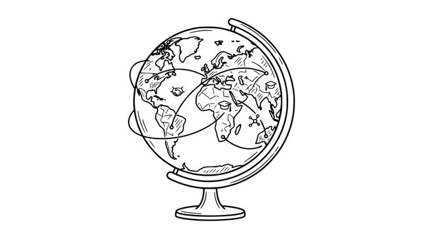 Hand drawn doodle globe vector illustration with global travel flight path lines on world map sphere isolated on white background for logistics concept