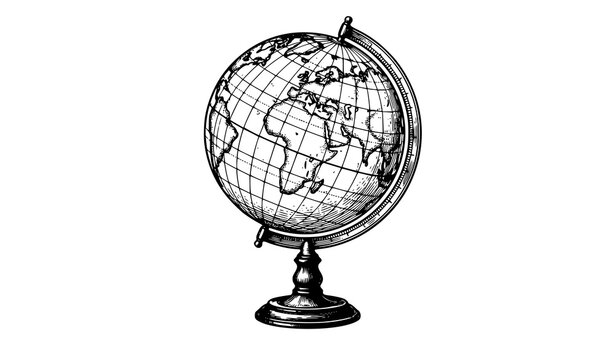 Vintage hand drawn sketch vector illustration of a classic desk globe map showing continents on a decorative metal stand isolated on white background.