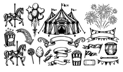 Vintage hand drawn carnival elements set including circus tent big top carousel horse balloons popcorn fireworks banners ribbons and candy decorations. © MdIbrahimIslam