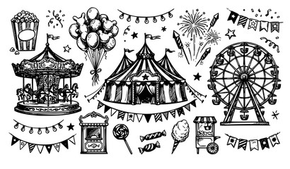 Vintage hand drawn carnival elements set including circus tent ferris wheel carousel balloons fireworks popcorn candy cart and bunting flag decorations. © MdIbrahimIslam