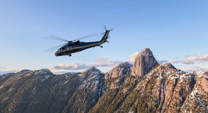 Black Helicopter Flying Over Snowy Mountain Peaks Near Rugged Granite Cliffs in British Columbia, Canada &mdash; 3D Rendering