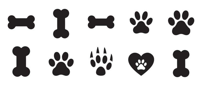 Assorted dog and animal icons featuring paw prints and bone shapes set against a transparent background.