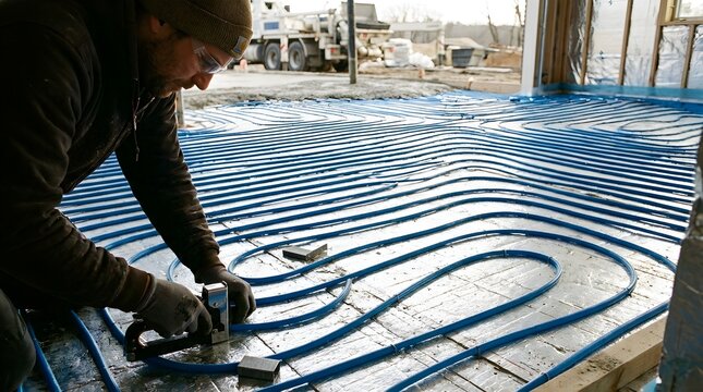 Underfloor heating installation with blue pex pipes, professional plumber installing radiant floor system, hydronic heating setup on construction site