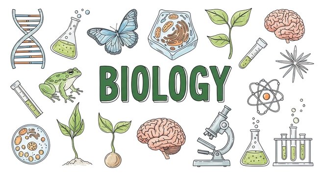 Hand drawn biology icons with brain frog and DNA.
