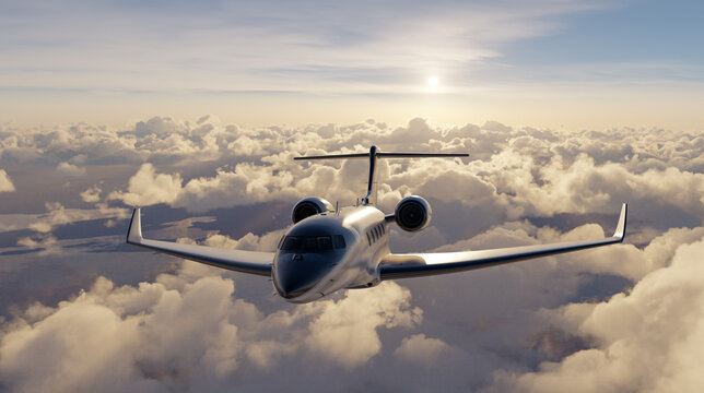 Private Jet Business Travel Over Clouds at Sunrise Sunset &mdash; Luxury Executive Aircraft 3D Rendering
