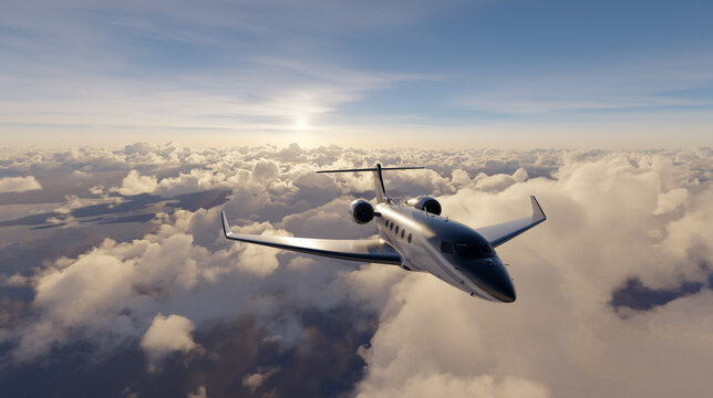 Private Jet Flying Above Clouds at Sunrise, Luxury Business Travel 3D Rendering