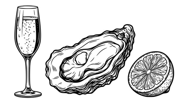 Vintage hand drawn sketch vector illustration of a gourmet fresh opened oyster shell with a half lemon slice and flute glass champagne.