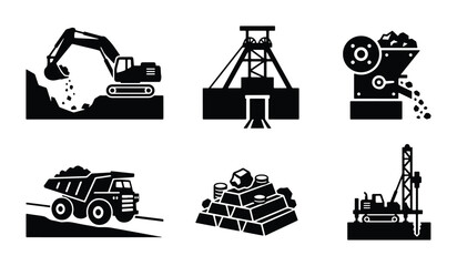 Mining Industry Icons: Excavator, Shaft, Crusher, Dump Truck, Gold Ingots, Drill Rig Set © Saimon