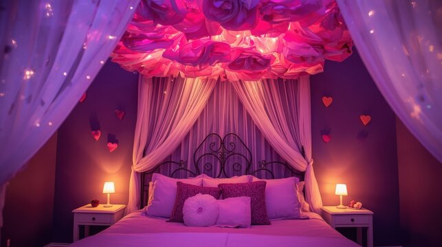 Cozy purple bedroom with a canopy bed and glowing warm bedside lamps at night