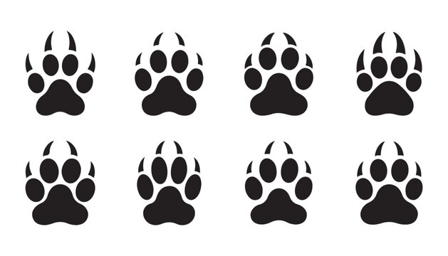 Animal paw print vector set with sharp claws black silhouettes of bear wolf tiger and cat footsteps.