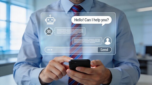 Man using smartphone with artificial intelligence chatbot interface, virtual assistant customer support service, automated messaging system, business communication technology,