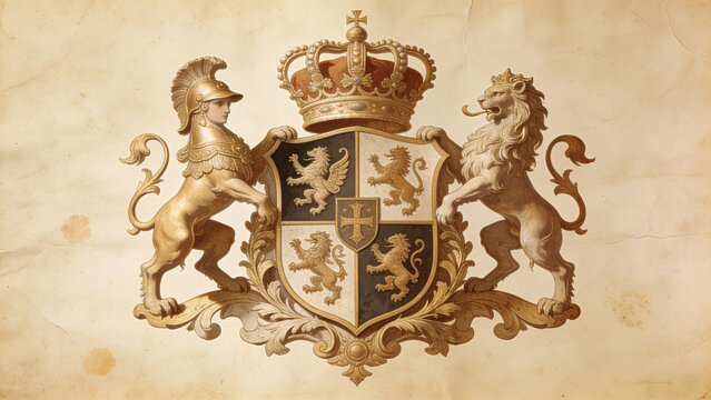 Ornate heraldic crest with lions and crown on parchment