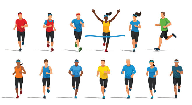 A diverse group of runners in various poses