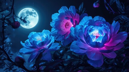 Obraz premium Beautiful blue roses blooming at night under a glowing full moon in the dark garden
