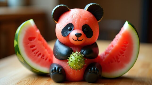 Cute small panda toy sitting on a wooden table with fresh slices of red watermelon for summer snack