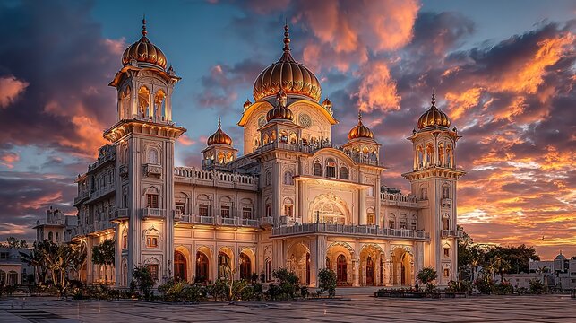 Sikh gurdwara with golden domes and ornate architecture, glowing under the sky.
