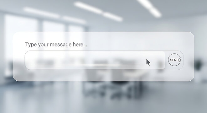 Blurred text input field with send button digital interface element on transparent background box